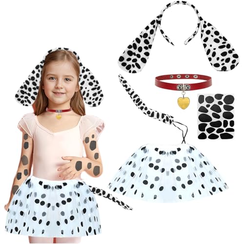 Dalmatiner Kostüm Kinder, Tierkostüm Set Tutu-Rock Mädchen mit Tierohren Stirnband Schwanz Fliege Verkleidungskiste Kinder Kleinkinder Karneval Halloween Weihnachten Cosplay von HarnyLoom