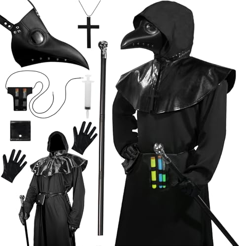 Deluxe Pestarzt-Kostüm für Erwachsene, Ledermaske mit schwarzem Umhang, Halloween-Outfit, Handschuhe, Gürtel, Kreuz-Halskette, Zeptertasche, Steampunk-Kostüm, komplettes Set (Schwarz 2, 2XL) von HarnyLoom