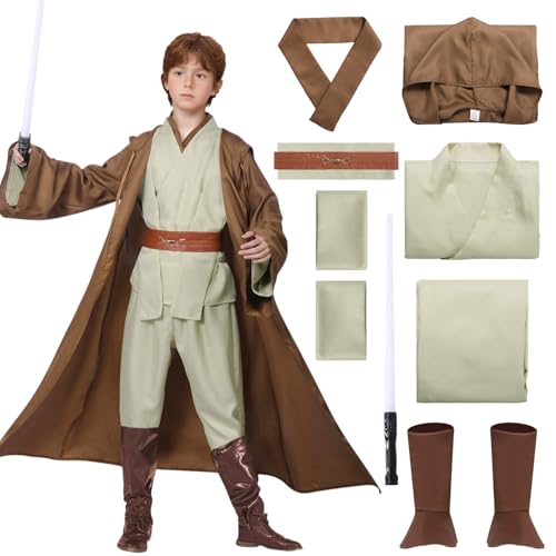 Jedi Kostüm Herren Kinder Krieger Kostüm Umhang Kapuze Schwarz Braun Robe Mittelalterlich Tunika Hoodies Karneval Halloween Cosplay (Braun, 120) von HarnyLoom