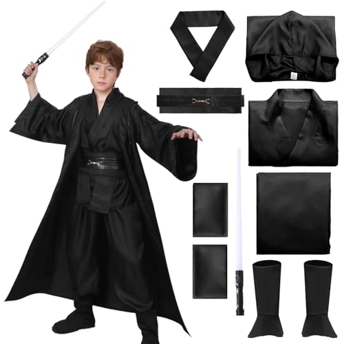 Jedi Kostüm Herren Kinder Krieger Kostüm Umhang Kapuze Schwarz Braun Robe Mittelalterlich Tunika Hoodies Karneval Halloween Cosplay(Schwarz, 140) von HarnyLoom