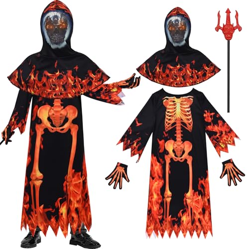 Feuer Sensenmann Kostüm Kinder, Halloween Teufelsskelett Kapuzenumhang mit Handschuhen Totenkopf Gesichtsmaske Halloween Rote Heugabel Sensenmann Robe Halloween Partykleid Outfit Umhang Cosplay (L) von HarnyLoom