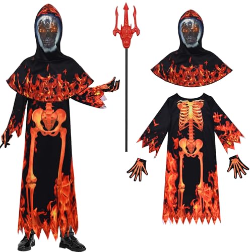 Feuer Sensenmann Kostüm Kinder, Halloween Teufelsskelett Kapuzenumhang mit Handschuhen Totenkopf Gesichtsmaske Halloween Rote Heugabel Sensenmann Robe Halloween Partykleid Outfit Umhang Cosplay (M) von HarnyLoom