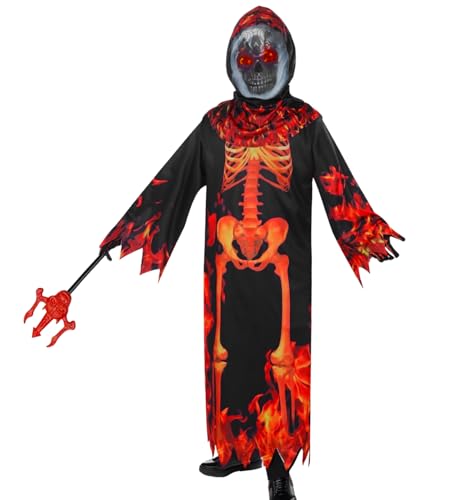 Feuer Sensenmann Kostüm Kinder, Halloween Teufelsskelett Kapuzenumhang mit Handschuhen Totenkopf Gesichtsmaske Halloween Rote Heugabel Sensenmann Robe Halloween Partykleid Outfit Umhang Cosplay (M) von HarnyLoom