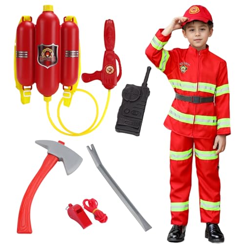 Feuerwehrmann Kostüm Kinder Feuerwehrchef Junge Outfit Spielzeug Mütze Zubehör Pfeife Gürtel Rollenspiel Cosplay Karneval Halloween (110) von HarnyLoom