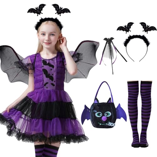 Fledermaus Kostüm Kinder Halloween Mädchen Tut u Kleid Flügel Süßigkeitentüte Stirnband Zauberstab Socken Vampirprinzessin Party Karneval Cosplay (110 (3–4 Jahre)) von HarnyLoom