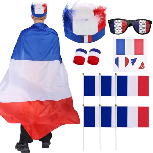 Frankreich Flagge Umhang Kostüm, Französische Flaggen Brille, Tätowierung, Handflaggen, Stirnbänder, Französisches National Blau Weiß Rot Haar Kit-Unterstützung Frankreich-Fußball-Sportfeier von HarnyLoom