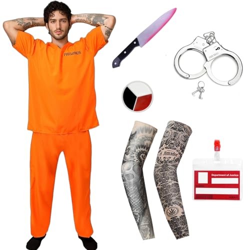 Gefangener Kostüm Herren Orange Häftling Prisoner Outfit Sträfling Jumpsuit Knast Damen Verbrecher Overall Gefangene Räuber Cosplay Karneval (XL) von HarnyLoom