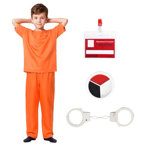 Gefangener Kostüm Kinder Oranger Häftling Kostüm Jungen Mädchen Prisoner Outfit Jumpsuit Gefängniskostüm Uniform Knast Overall Karneval Cosplay Halloween (L) von HarnyLoom