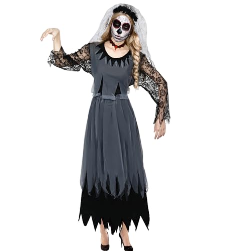 Geisterbraut Halloween-Set für Damen, schwarzes Kleid, Blutkorpse, Braut, Erwachsene, Hochzeitskleid, Schleier, Halloween-Stirnband, totes Zombie-Braut-Kostüm, für Halloween, Kostümparty (M) von HarnyLoom