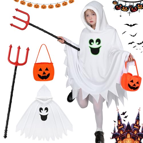 Geisterkostüm für Kinder, Halloween-Kostüme Mädchen, Glow in the Dark Geistergesicht-Outfit Halloween-Kinderumhang mit Kapuze Kürbistaschen Süßes-oder-Saures-Party (Kinder Stil 1, 10~11 Jahre) von HarnyLoom