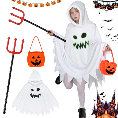 Geisterkostüm für Kinder, Halloween-Kostüme Mädchen, Glow in the Dark Geistergesicht-Outfit Halloween-Kinderumhang mit Kapuze Kürbistaschen Süßes-oder-Saures-Party (Kinder Stil 2, 10~11 Jahre) von HarnyLoom