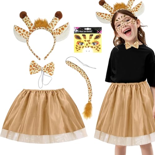 Giraffen Kostüm Kinder, Reh Tüllrock Mädchen Tütü Rock Braun Rehkitz Klein Tierkostüm Set Bambi Geweih Haarreif Tattoo Schwanz Karneval Halloween Cosplay von HarnyLoom