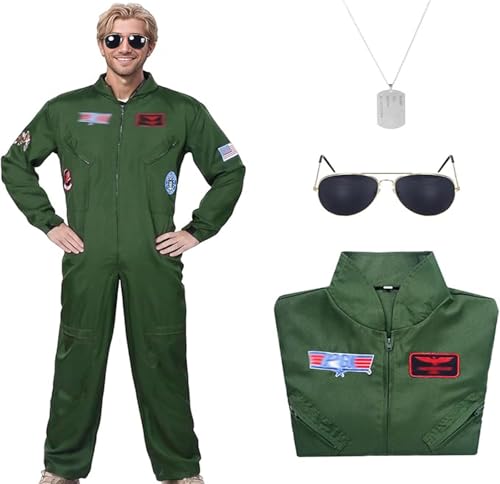 Grünes Piloten Kampfflieger Kostüm Herren Pilotenanzug Flieger Overall Herren Fasching, Kostüm Pilot Halloween, Karneval, Themen Party, Faschingskostüme, Kostüm Kampfjetpilot (L) von HarnyLoom