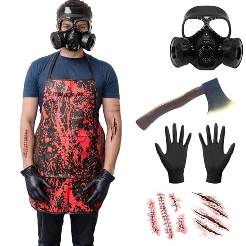 Gruseliges Halloween-Kostüm für Herren, Metzger-Kostüm, inklusive blutiger Schürze, Stirnband, Handschuhe und Aufkleber für Erwachsene, Kostümparty von HarnyLoom