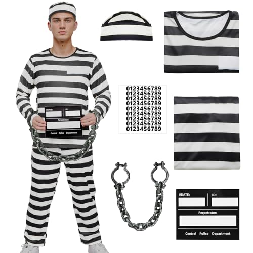 Häftling Kostüm Herren Sträfling Gefangener Kostüm Erwachsene Knast Outfit Gefängniskostüm Prison Costume Cosplay Karneval Halloween (2XL) von HarnyLoom