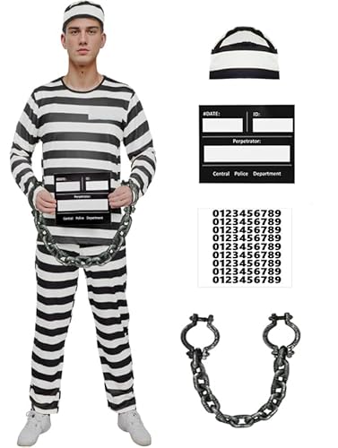 Häftling Kostüm Herren Sträfling Gefangener Kostüm Erwachsene Knast Outfit Gefängniskostüm Prison Costume Cosplay Karneval Halloween (XL) von HarnyLoom