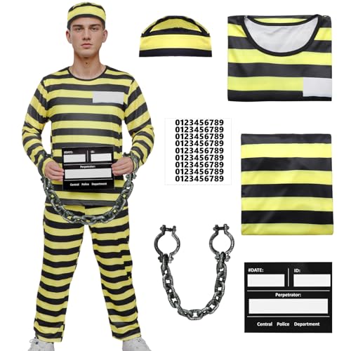 Häftling Kostüm Herren Sträfling Knast Outfit Erwachsene Gefängnis Kostüm Prison Costume Cosplay Karneval Halloween (2XL) von HarnyLoom