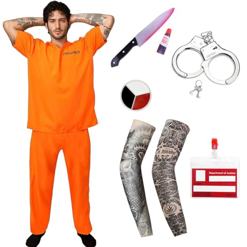 Gefangener Kostüm Herren Orange Häftling Prisoner Outfit Sträfling Jumpsuit Knast Damen Verbrecher Overall Gefangene Räuber Cosplay Karneval (M) von HarnyLoom