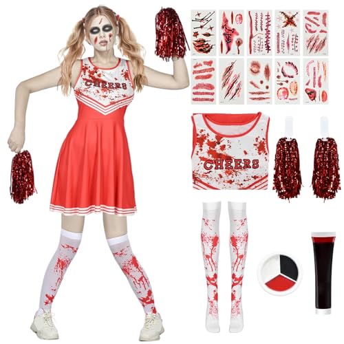 Halloween Cheerleader Kostüm Kinder Erwachsene Zombie Cheerleader Kleid Mädchen Frauen Outfit Blutige Pom Poms Kunstblut Aufkleber Tote Gruselige Partys Verkleiden (ROT, 10-12 Jahre) von HarnyLoom