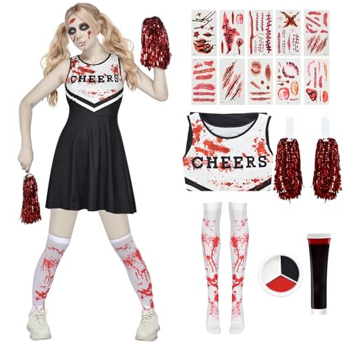 Halloween Cheerleader Kostüm Kinder Erwachsene Zombie Cheerleader Kleid Mädchen Frauen Outfit Blutige Pom Poms Kunstblut Aufkleber Tote Gruselige Partys Verkleiden (SCHWARZ, 10-12 Jahre) von HarnyLoom