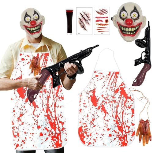 Metzger Kostüm Halloween Blutige Schürze Herren Clown Horror Kostüm Skelett Koch Metzger Blutbad Zombie Karneval Party Blutnarben Tattoos Outfit (Clown) von HarnyLoom