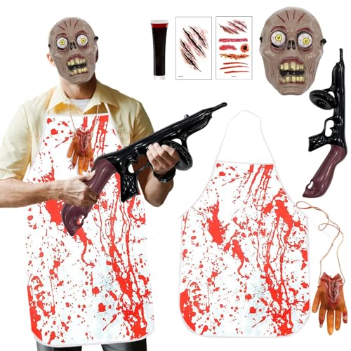 Halloween Kostüm für Männer Erwachsene, Gruselige Maske Blutige Schürze Aufblasbare Gefälschte Blutnarben Tattoos Aufkleber Geld Heist Metzger Räuber Halloween Outfit Verkleidung (Zombie) von HarnyLoom