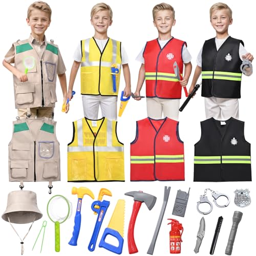 HarnyLoom Polizei Feuerwehr Bauarbeiter Forscherset Kostüm Kinder Set Rollenspiel Kinder Kostüm Jungen Mädchen Verkleidungskiste Spielzeug Cosplay Karneval Geburtstagsgeschenk von HarnyLoom