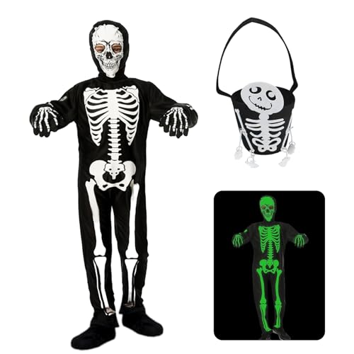 Skelett Kostüm für Kinder Halloween, Glow in the Dark Skelett Kostüm Jungen Mädchen Jumpsuit Leuchtend Gruselige Knochen Halloween-Kostüme Fasching Cosplay Party (S) von HarnyLoom