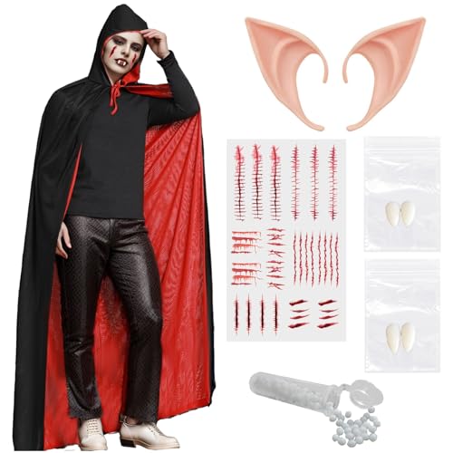 Halloween Vampirumhang für Erwachsene, Vampirumhang, Damen und Herren, Unisex, wendbar, mit Kapuze mit künstlichen Zähnen, Hexenkostüme für Halloween Fasching Maskerade Party (Rot/Schwarz, L) von HarnyLoom