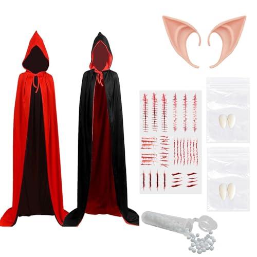 Vampir Kostüm Umhang Kinder Erwachsene Dracula Mädchen Halloween Kleid Gruselig Vampirkostüm Mittelalter Tattoos DenturesGotisch Karneval Cosplay Party (Rot/Schwarz, L) von HarnyLoom