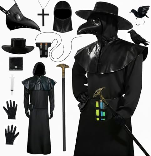 HarnyLoom Deluxe Pestarzt-Kostüm für Erwachsene, Ledermaske mit schwarzem Umhang, Halloween-Outfit, Handschuhe, Gürtel, Kreuz-Halskette, Zeptertasche, Steampunk-Kostüm, komplettes Set (Schwarz 2, XL) HarnyLoom Deluxe Pestarzt-Kostüm für Erwachsene, Ledermaske mit schwarzem Umhang, Halloween-Outfit, Handschuhe, Gürtel, Kreuz-Halskette, Zeptertasche, Steampunk-Kostüm, komplettes Set (Schwarz 2, XL) von HarnyLoom