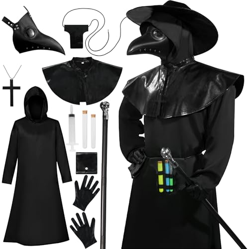 HarnyLoom Deluxe Pestarzt-Kostüm für Erwachsene, Ledermaske mit schwarzem Umhang, Halloween-Outfit, Handschuhe, Gürtel, Kreuz-Halskette, Zeptertasche, Steampunk-Kostüm, komplettes Set (Schwarz 2, M) HarnyLoom Deluxe Pestarzt-Kostüm für Erwachsene, Ledermaske mit schwarzem Umhang, Halloween-Outfit, Handschuhe, Gürtel, Kreuz-Halskette, Zeptertasche, Steampunk-Kostüm, komplettes Set (Schwarz 2, M) von HarnyLoom