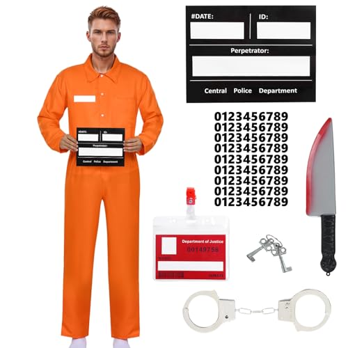 HarnyLoom Gefangenenkostüm für Herren, Halloween-Outfit, orangefarbener Overall für Erwachsene, Sträfling, Gefängnis, Gefängnis Verkleidung Kriminaluniform Overall Anzug Insassin Karneval (Stil 1, S) von HarnyLoom