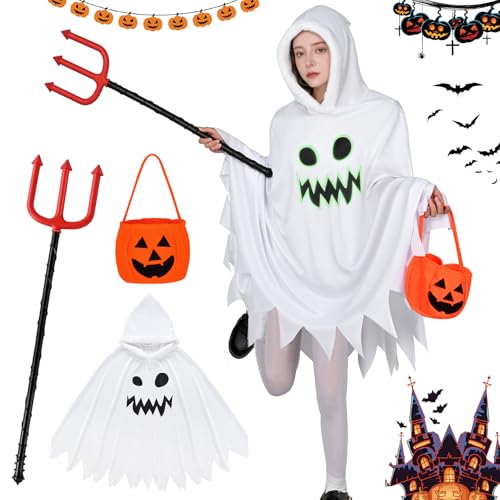 HarnyLoom Geisterkostüm für Kinder, Halloween-Kostüme Mädchen, Glow in the Dark Geistergesicht-Outfit Halloween-Kinderumhang mit Kapuze Kürbistaschen Süßes-oder-Saures-Party (Erwachsene, Erwachsene) von HarnyLoom