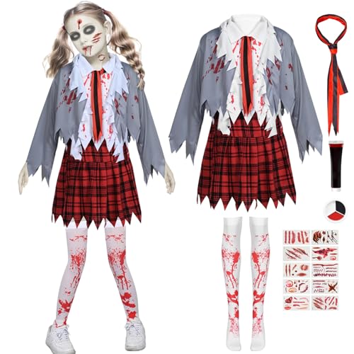 Zombie Kostüm Kinder Halloween Horror Blutiges Outfit Gruselig Kleid Mädchen Uniform Cheerleader Kostüm Socke Aufkleber Binden Party Karneval (Schwarz, XL) von HarnyLoom