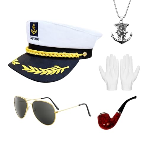 HarnyLoom Kapitänsmütze Yacht Kapitän Hut Matrosen Mütze Kostüm Set, Flieger-Sonnenbrille, Segel-Outfit, Anker-Kapitänsmütze, Kapitän Prop Verkleidung Accessoire für Cosplay Nautische Yacht Party von HarnyLoom