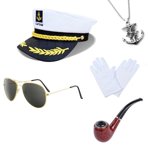 HarnyLoom Kapitänsmütze Yacht Kapitän Hut Matrosen Mütze Kostüm Set, Flieger-Sonnenbrille, Segel-Outfit, Anker-Kapitänsmütze, Kapitän Prop Verkleidung Accessoire für Cosplay Nautische Yacht Party von HarnyLoom