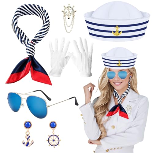 HarnyLoom 6 Stück Matrosen Kostüm Set, Matrosenmütze Schal Damen Matrosen Outfit Marine Kapitänsmütze Accessoire Brosche Sonnenbrille Yacht Nautische Karneval Cosplay Mottoparty von HarnyLoom