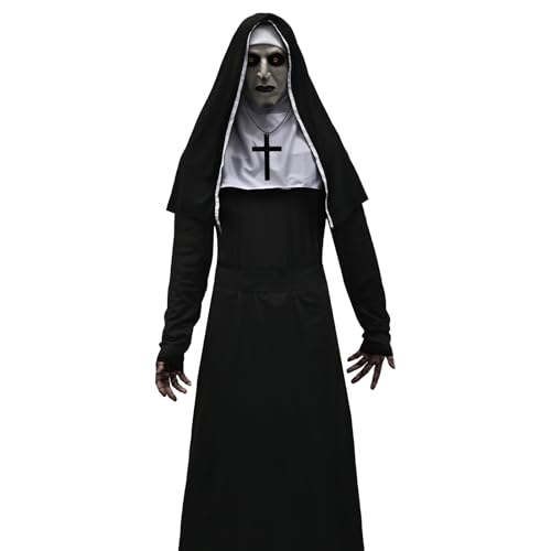 Nonnen Kostüm Damen Halloween Maske Nun Horror Nonnenkostüm Zubehör Outfit Gruselige Robe Kreuz Halskette Kopfbedeckung Kirche Cosplay (L) von HarnyLoom