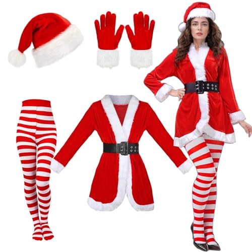 Weihnachten Kostüm Damen Weihnachtsfrau Rot Weihnachtsmann Outfit Samt Mantel Gürtel Hut Handschuhe Party Cosplay(L) von HarnyLoom