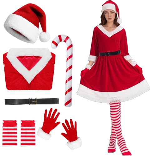 HarnyLoom Weihnachtsfrau Kostüm Damen Weihnachtsmann Kleid Nikolaus Weihnachtsfrau Weihnachtskostüme Samt Gürtel Hut Handschuhe Party Cosplay(3XL) von HarnyLoom