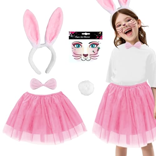 Hasen Kostüm Kinder, Tierkostüm Set Tutu-Rock Mädchen mit Tierohren Stirnband Schwanz Fliege Verkleidungskiste Kinder Kleinkinder Karneval Halloween Weihnachten Cosplay von HarnyLoom