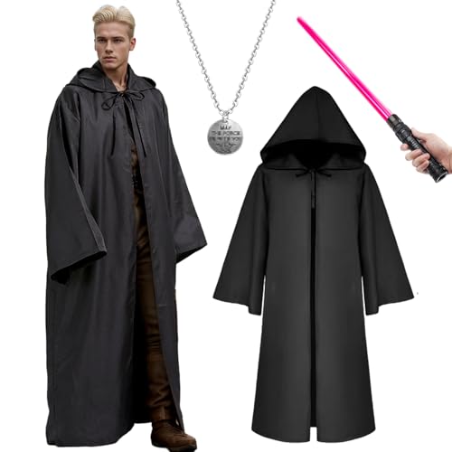 Jedi Kostüm Herren, Krieger Erwachsene Umhang Kapuze Schwarz Braun Mittelalterlich Hoodies Accessoire Spielzeugschwert Halloween Karneval Cosplay(Schwarz, XL) von HarnyLoom