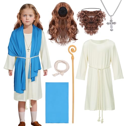 Jesus Kostüm Kinder Biblische Religiöse Kleid Christ Saint Robe Junge Mädchen Cosplay-Kostüm Hirte Dreilagige Kreuzkette Schal Halloween (Blau/Weiß, 2XL) von HarnyLoom