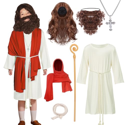 Jesus Kostüm Kinder Biblische Religiöse Kleid Christ Saint Robe Junge Mädchen Cosplay-Kostüm Hirte Dreilagige Kreuzkette Schal Halloween (Rot/Weiß, 2XL) von HarnyLoom