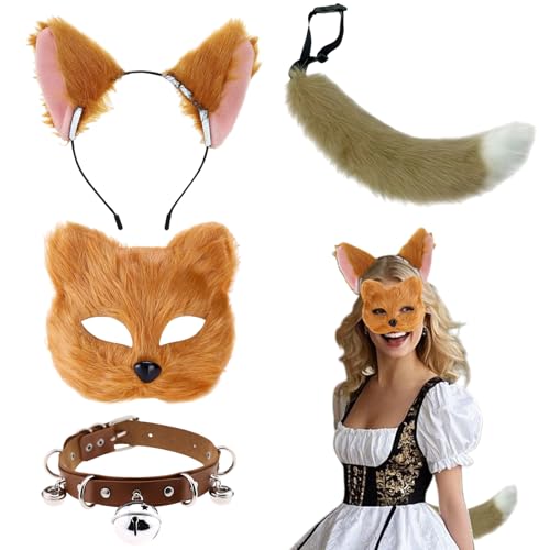 Katze Fuchs Wolf Maske Schwanz Furry Kostüm Flauschige, Leder Halskette Plüschmaske Set Accessoire Karneval Halloween Party Cosplay für Kinder Erwachsene (Braun) von HarnyLoom