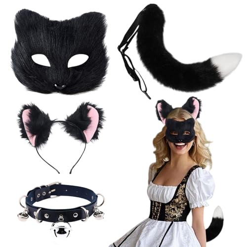 Katze Fuchs Wolf Maske Schwanz Furry Kostüm Flauschige, Leder Halskette Plüschmaske Set Accessoire Karneval Halloween Party Cosplay für Kinder Erwachsene (Schwarz) von HarnyLoom