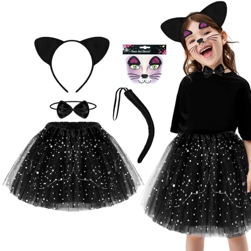 Katzen Kostüm Kinder, Tierkostüm Set Tutu-Rock Mädchen mit Tierohren Stirnband Schwanz Fliege Verkleidungskiste Kinder Kleinkinder Karneval Halloween Weihnachten Cosplay von HarnyLoom