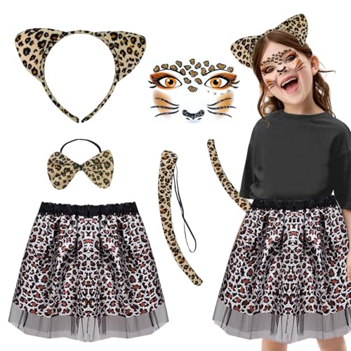 Leoparden Kostüm Kinder, Tierkostüm Set Tutu-Rock Mädchen mit Tierohren Stirnband Schwanz Fliege Verkleidungskiste Kinder Kleinkinder Karneval Halloween Weihnachten Cosplay von HarnyLoom