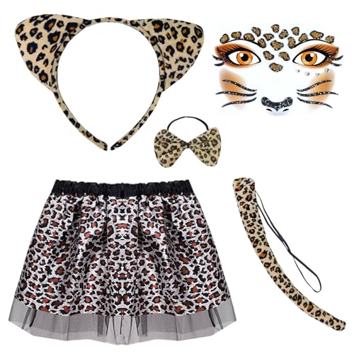 Leoparden Kostüm Kinder, Tierkostüm Set Tutu-Rock Mädchen mit Tierohren Stirnband Schwanz Fliege Verkleidungskiste Kinder Kleinkinder Karneval Halloween Weihnachten Cosplay von HarnyLoom